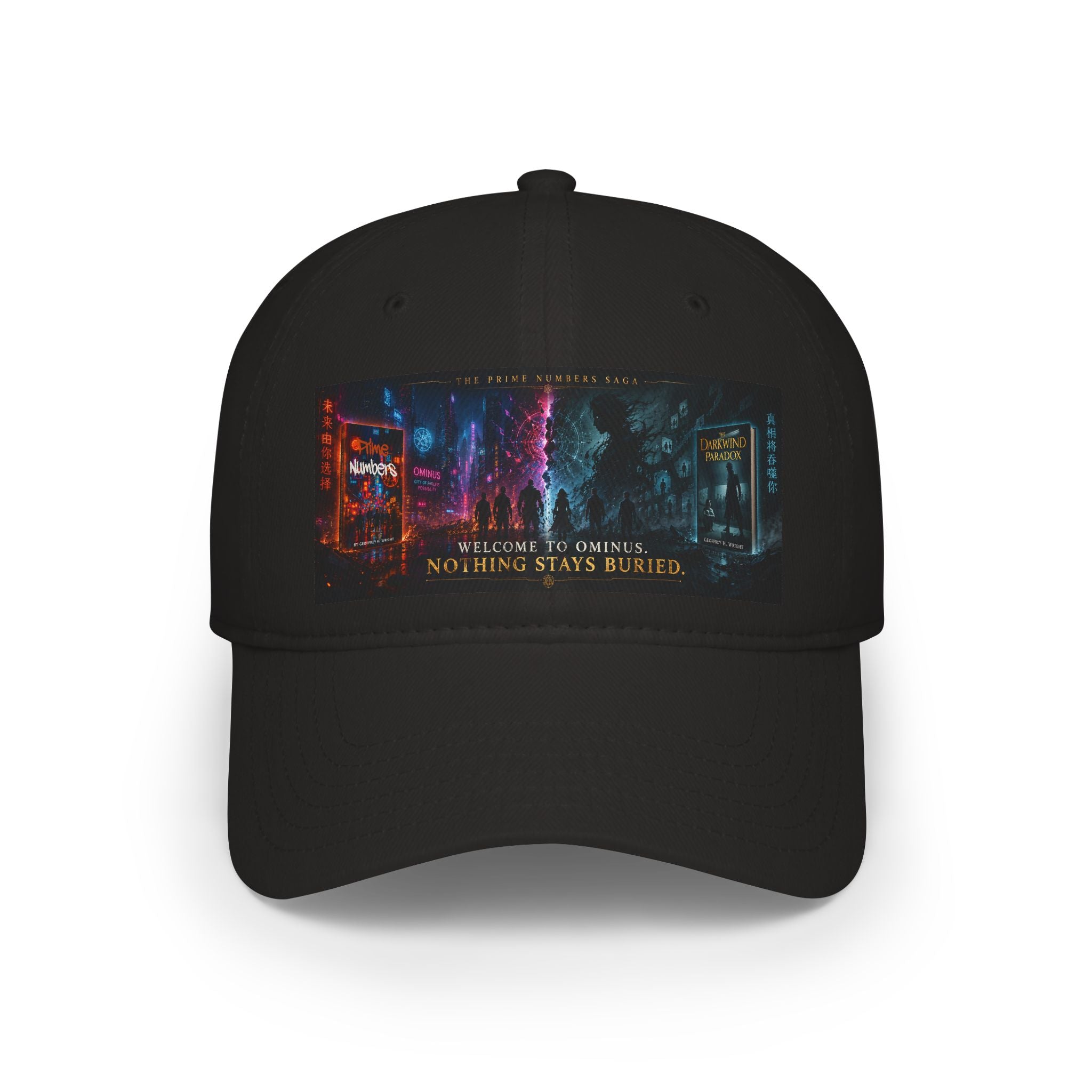 Prime Numbers Saga Baseball Cap — “Nothing Stays Buried” Neon Cyberpunk City Hat