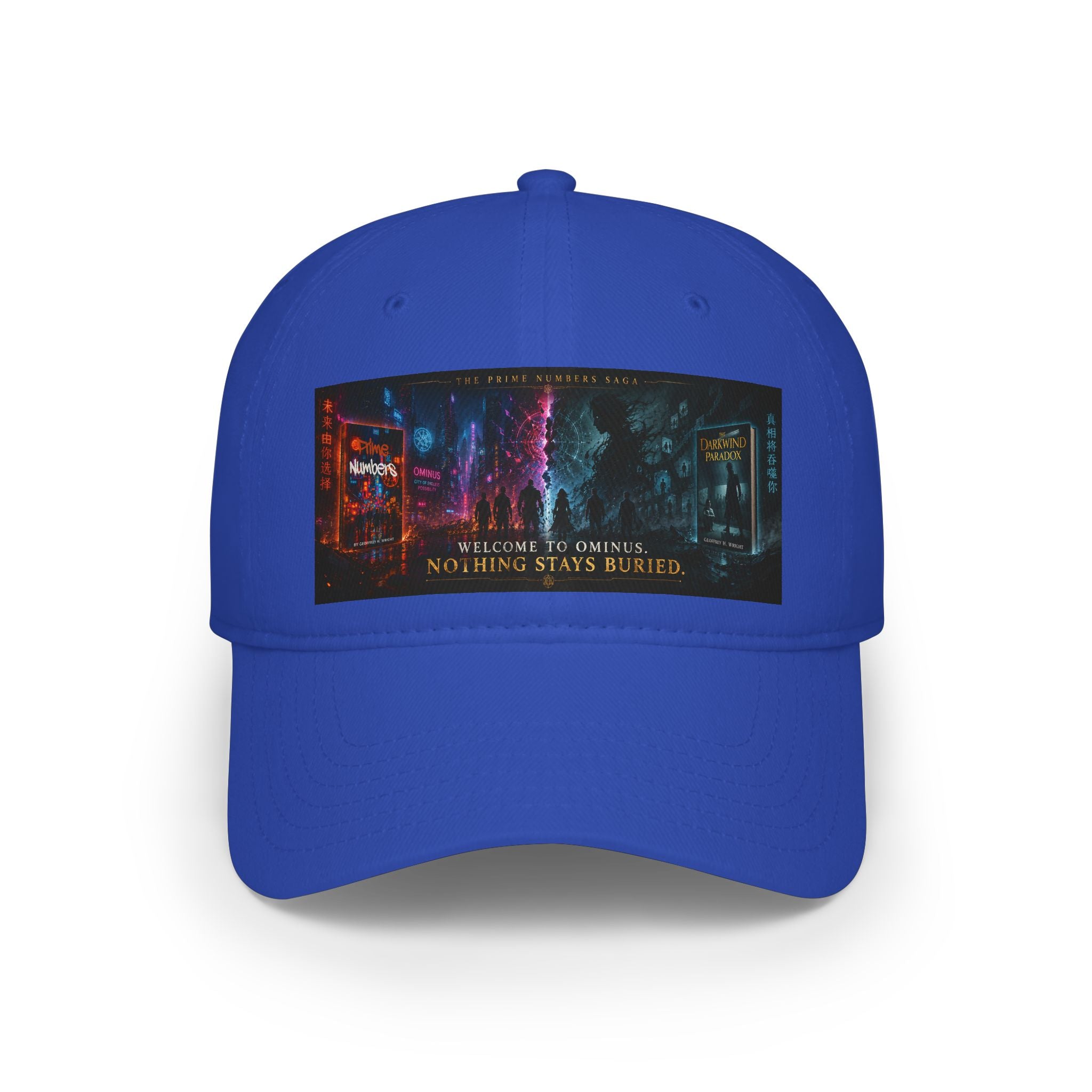 Prime Numbers Saga Baseball Cap — “Nothing Stays Buried” Neon Cyberpunk City Hat