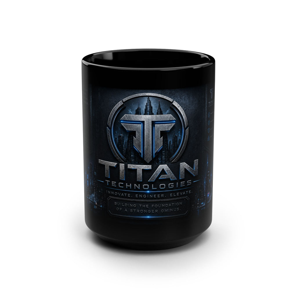 Titan Technologies 15oz Black Coffee Mug — Sci‑Fi Logo Gamer/Cyberpunk Drinkware