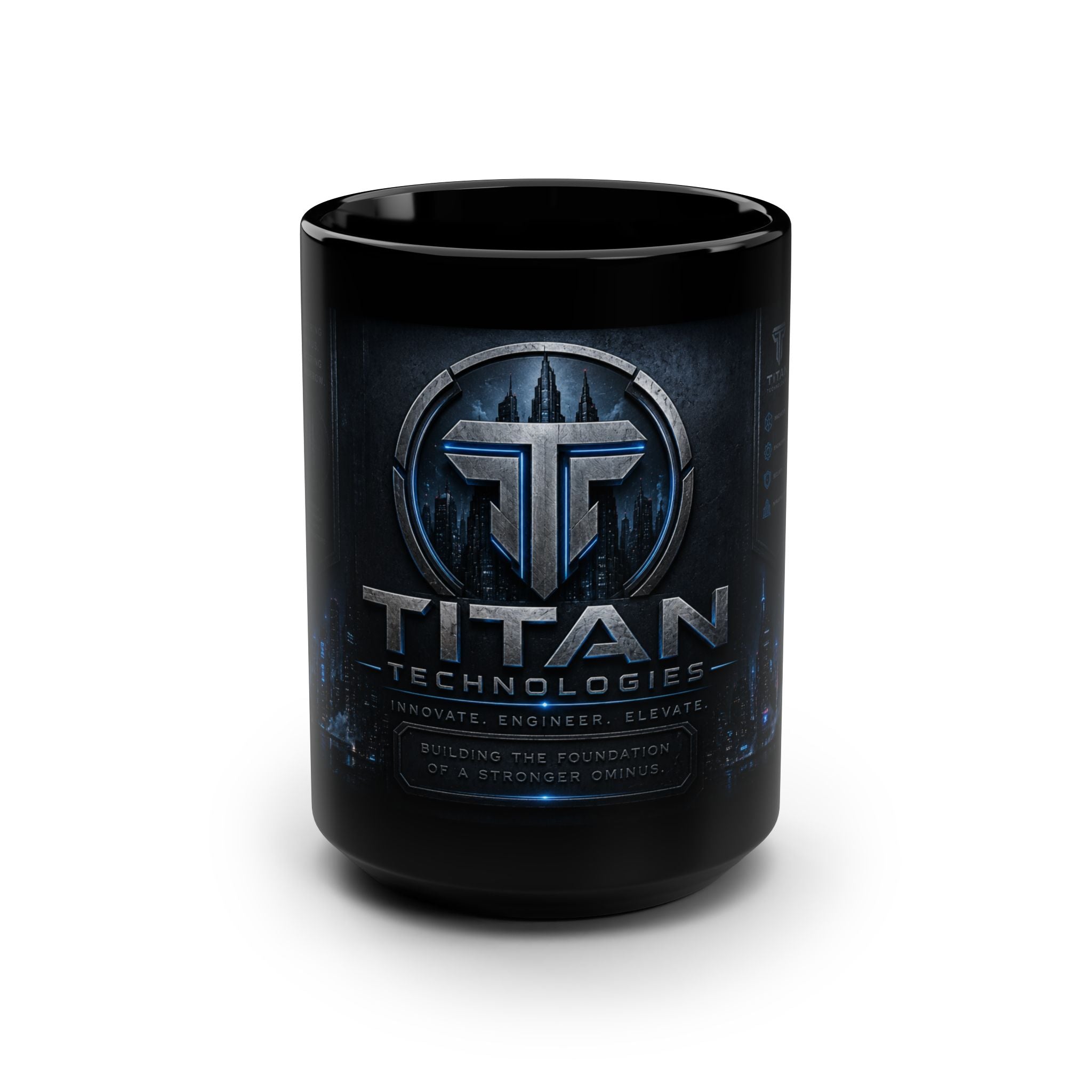 Titan Technologies 15oz Black Coffee Mug — Sci‑Fi Logo Gamer/Cyberpunk Drinkware