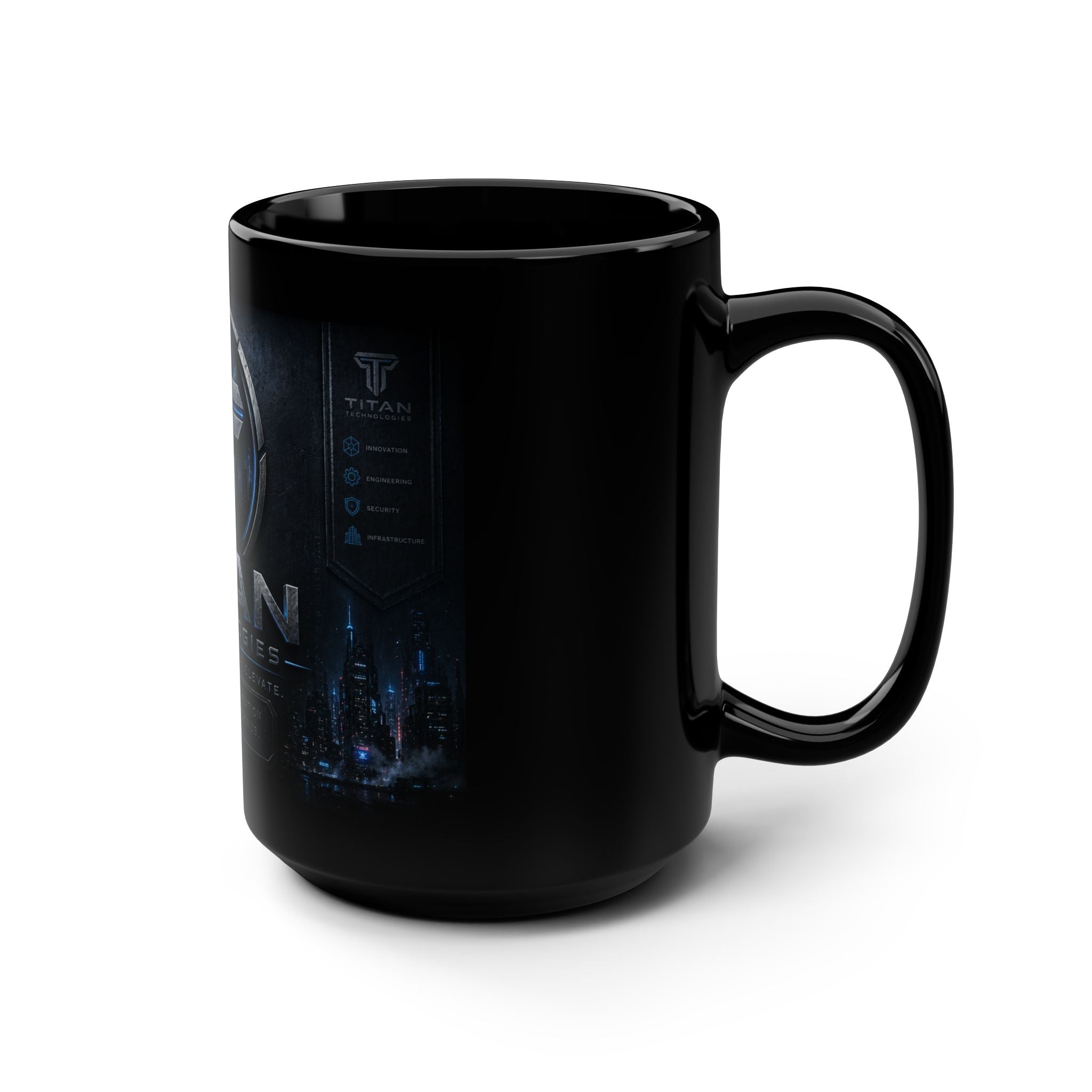 Titan Technologies 15oz Black Coffee Mug — Sci‑Fi Logo Gamer/Cyberpunk Drinkware