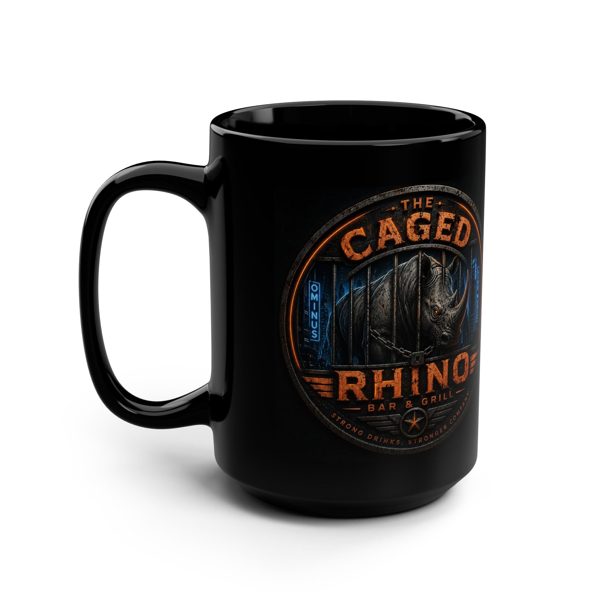 Rhino Grill Logo Mug — 15oz Black Ceramic Coffee Cup