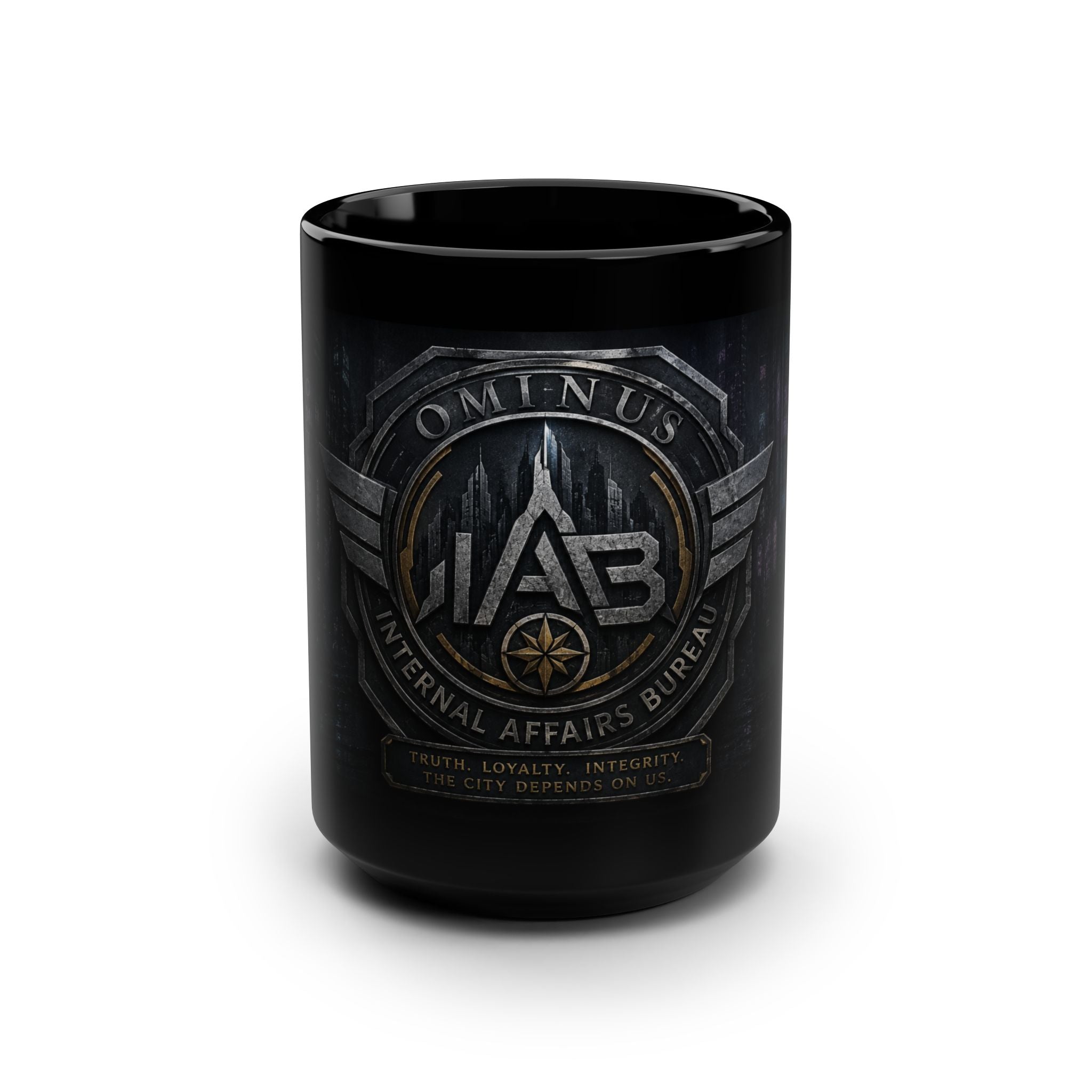 Interval Affairs Bureau (IAB) Emblem Black 15oz Mug — Ominous Military-Style Coffee Cup