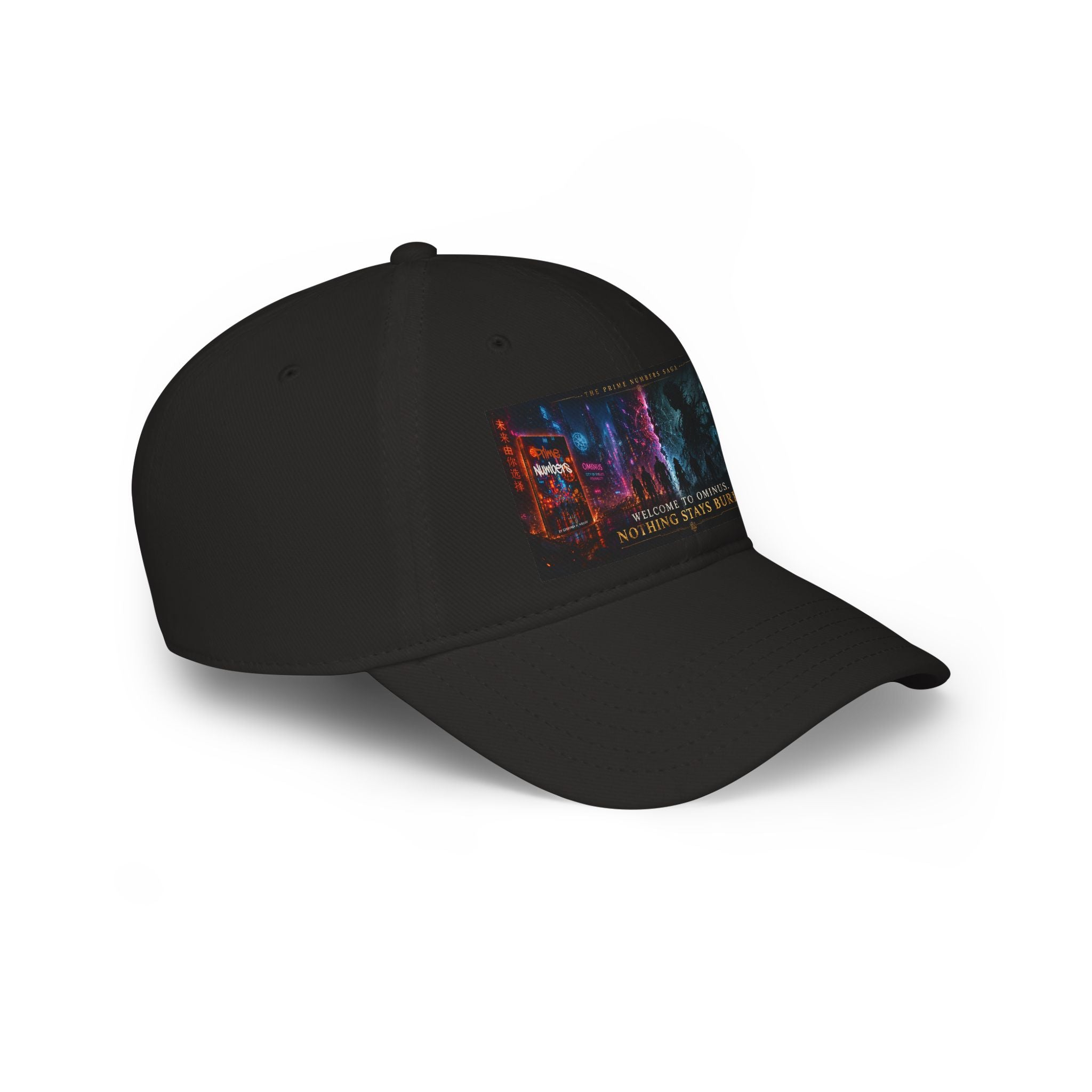 Prime Numbers Saga Baseball Cap — “Nothing Stays Buried” Neon Cyberpunk City Hat