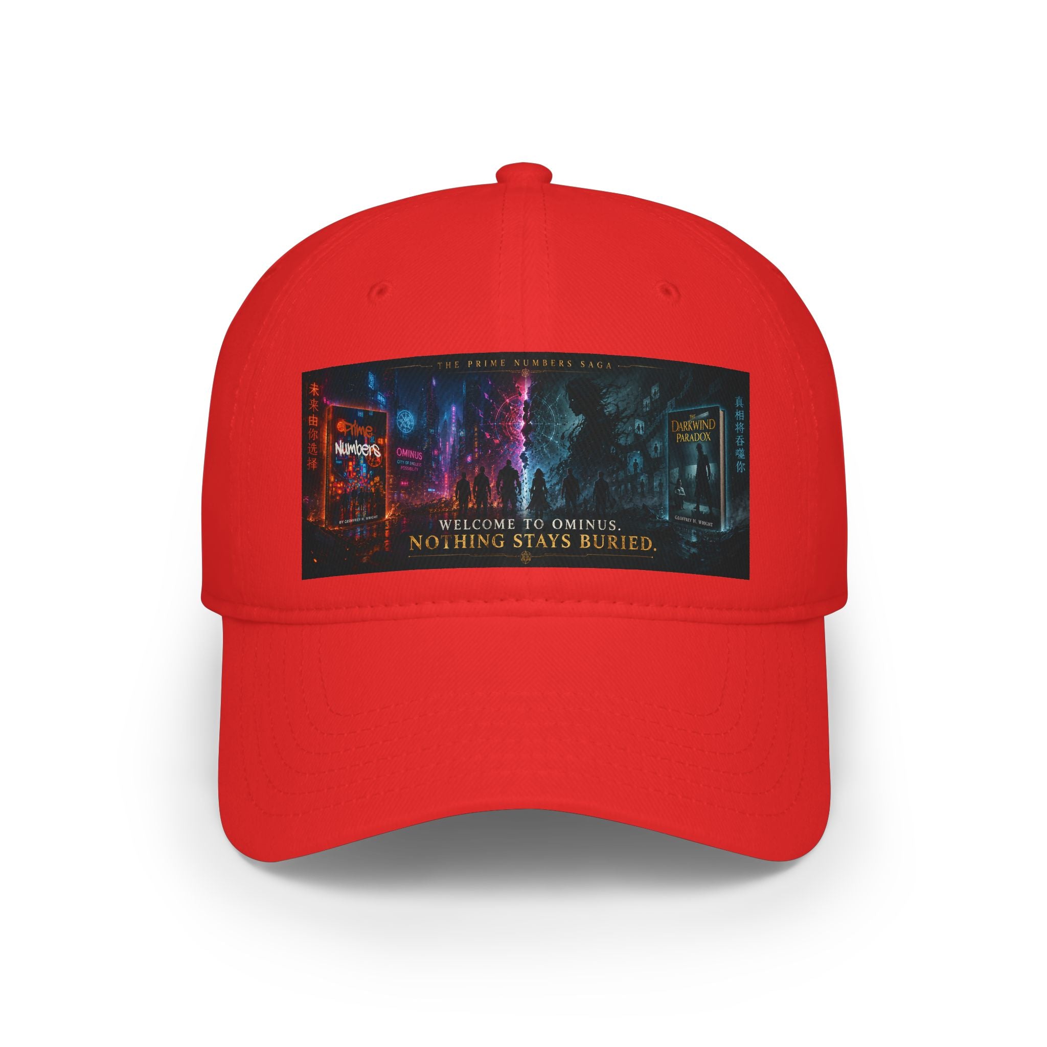Prime Numbers Saga Baseball Cap — “Nothing Stays Buried” Neon Cyberpunk City Hat
