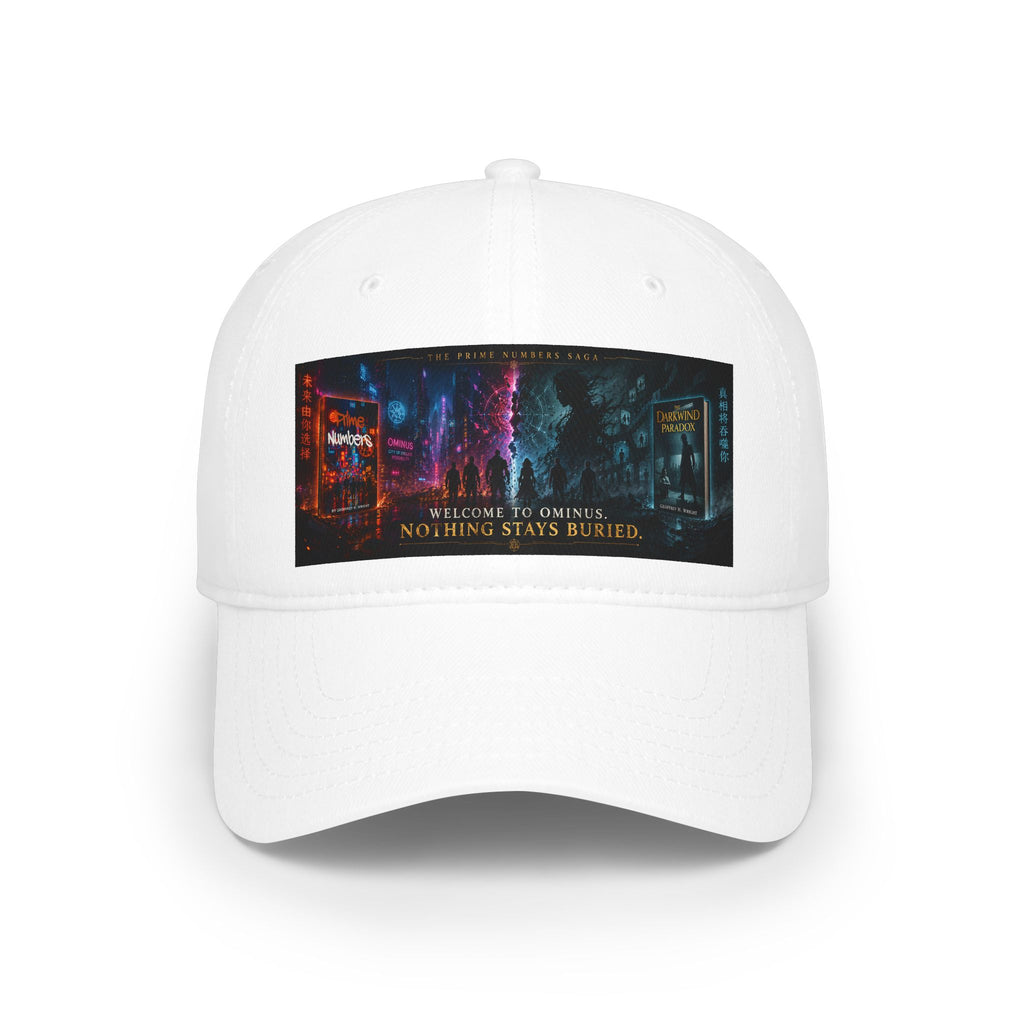 Prime Numbers Saga Baseball Cap — “Nothing Stays Buried” Neon Cyberpunk City Hat