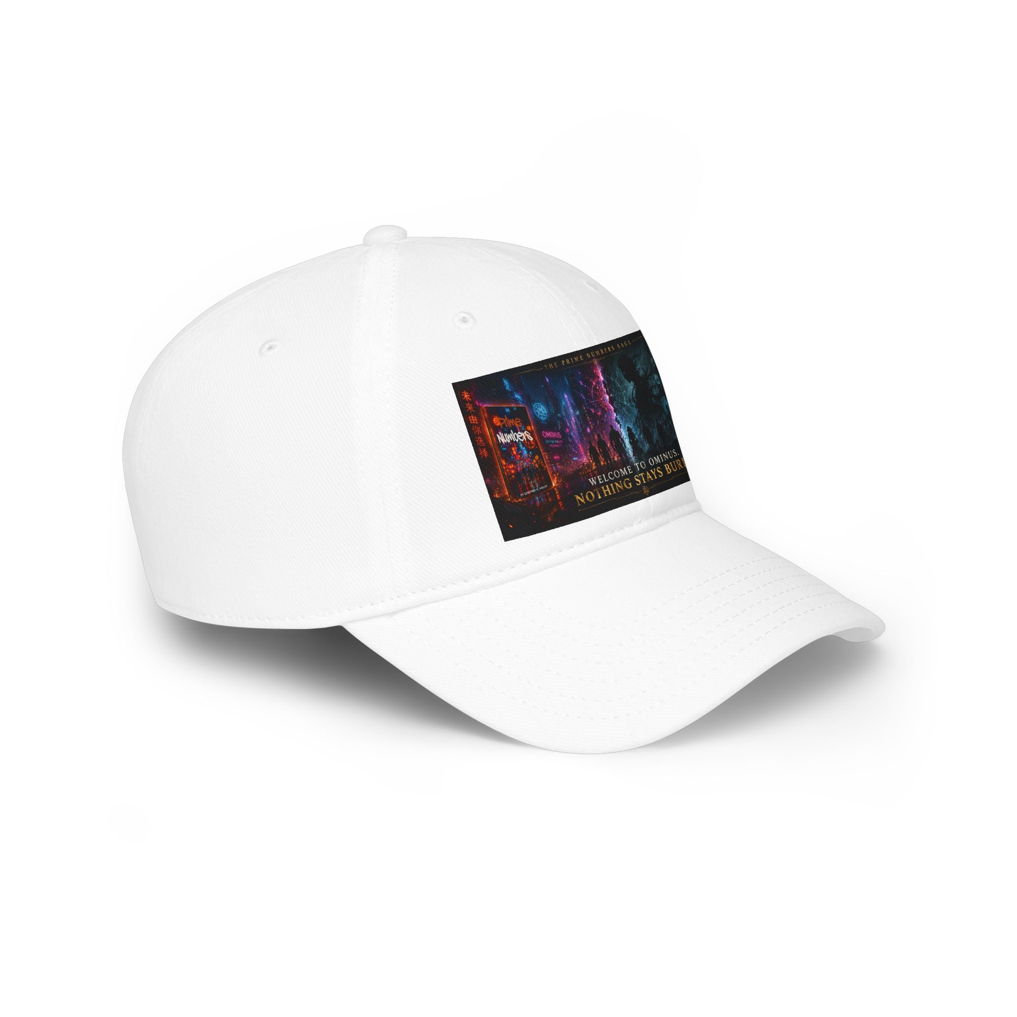 Prime Numbers Saga Baseball Cap — “Nothing Stays Buried” Neon Cyberpunk City Hat