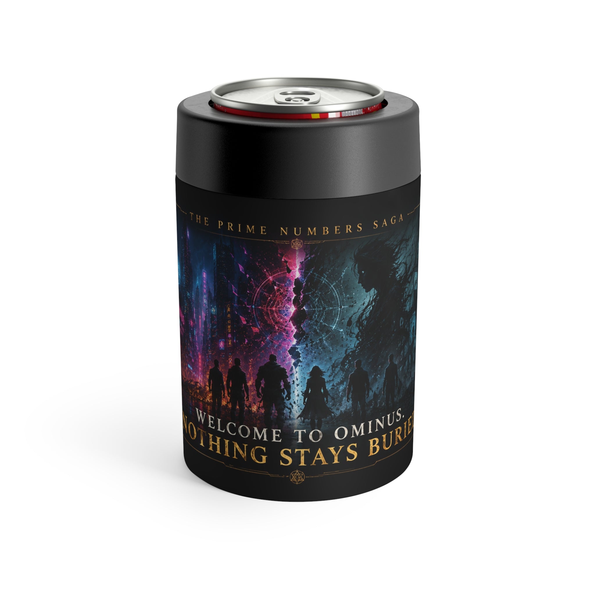 Prime Numbers Saga Can Holder — "Nothing Stays Buried" Insulated Drink Cooler