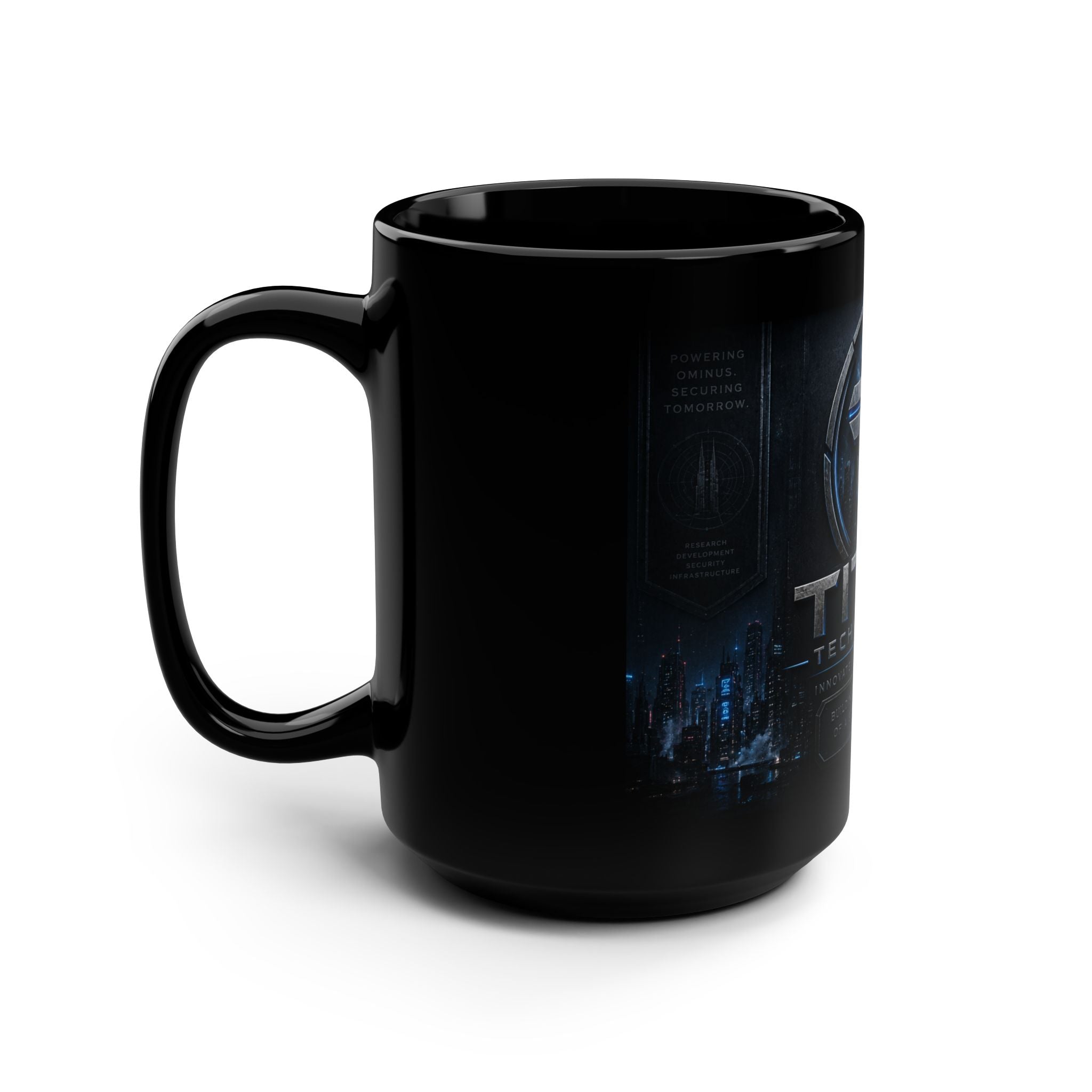 Titan Technologies 15oz Black Coffee Mug — Sci‑Fi Logo Gamer/Cyberpunk Drinkware