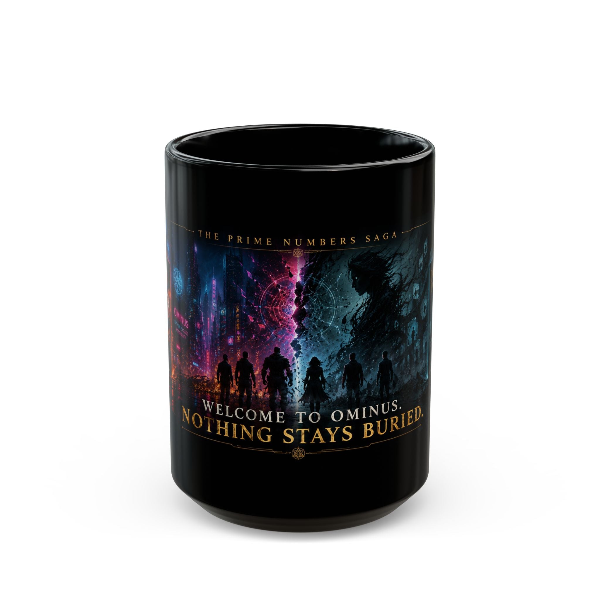 Prime Numbers Saga Black Mug — "Welcome to Ominus. Nothing Stays Buried" 15oz