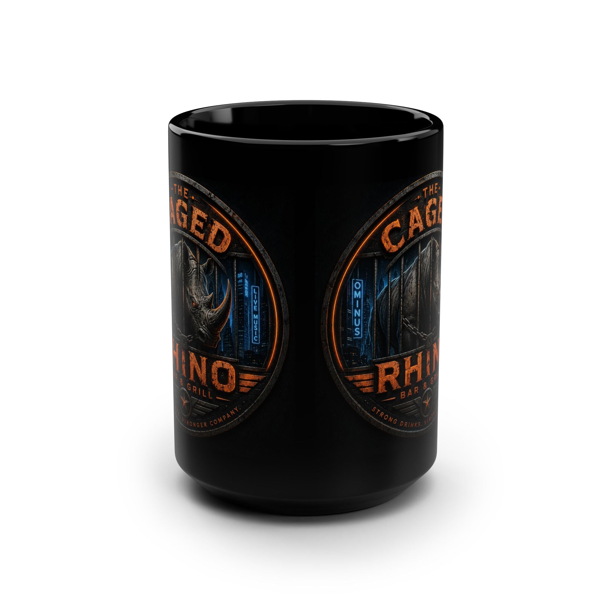 Rhino Grill Logo Mug — 15oz Black Ceramic Coffee Cup
