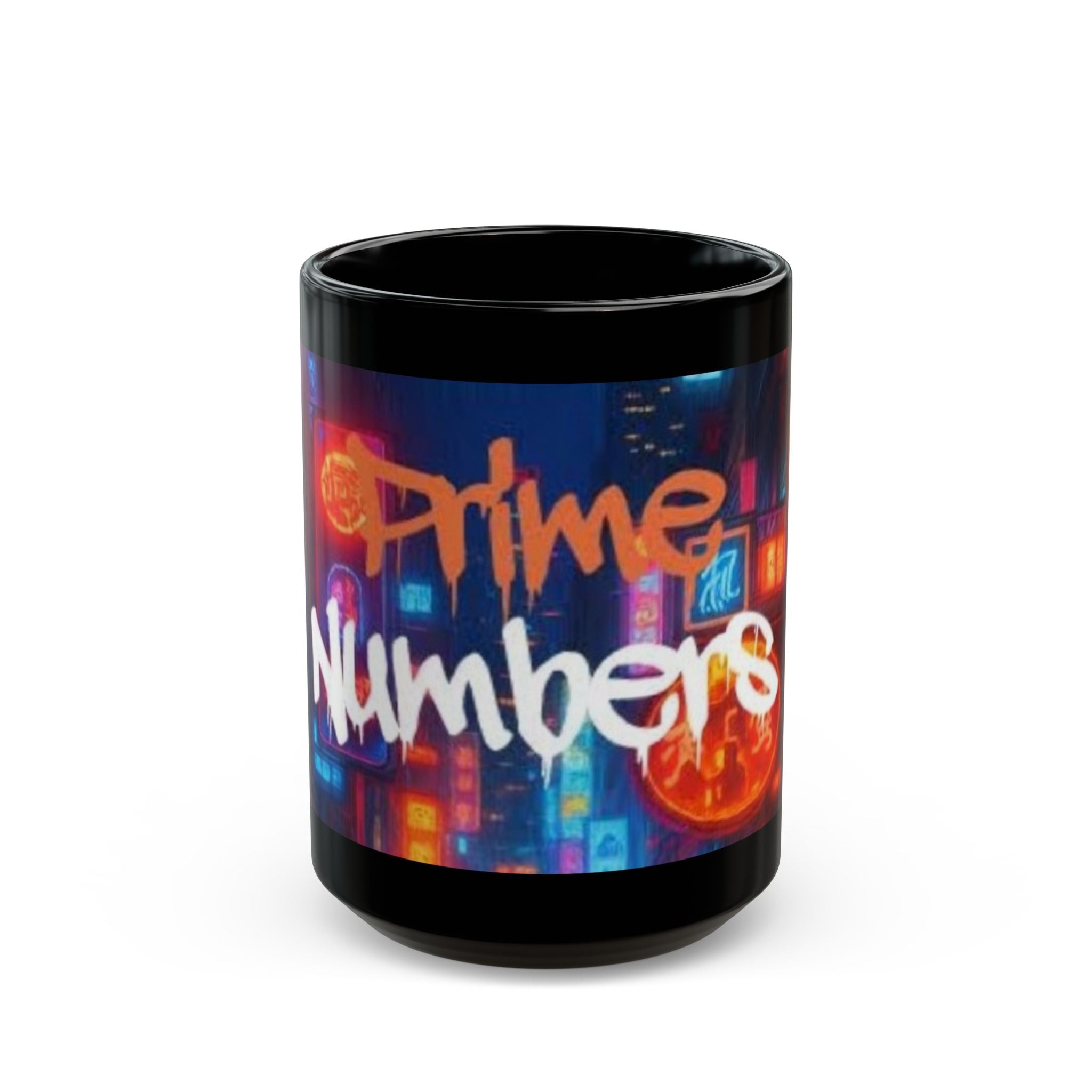 Prime Numbers Black Coffee Mug – Neon Graffiti Math Design (11oz & 15oz)