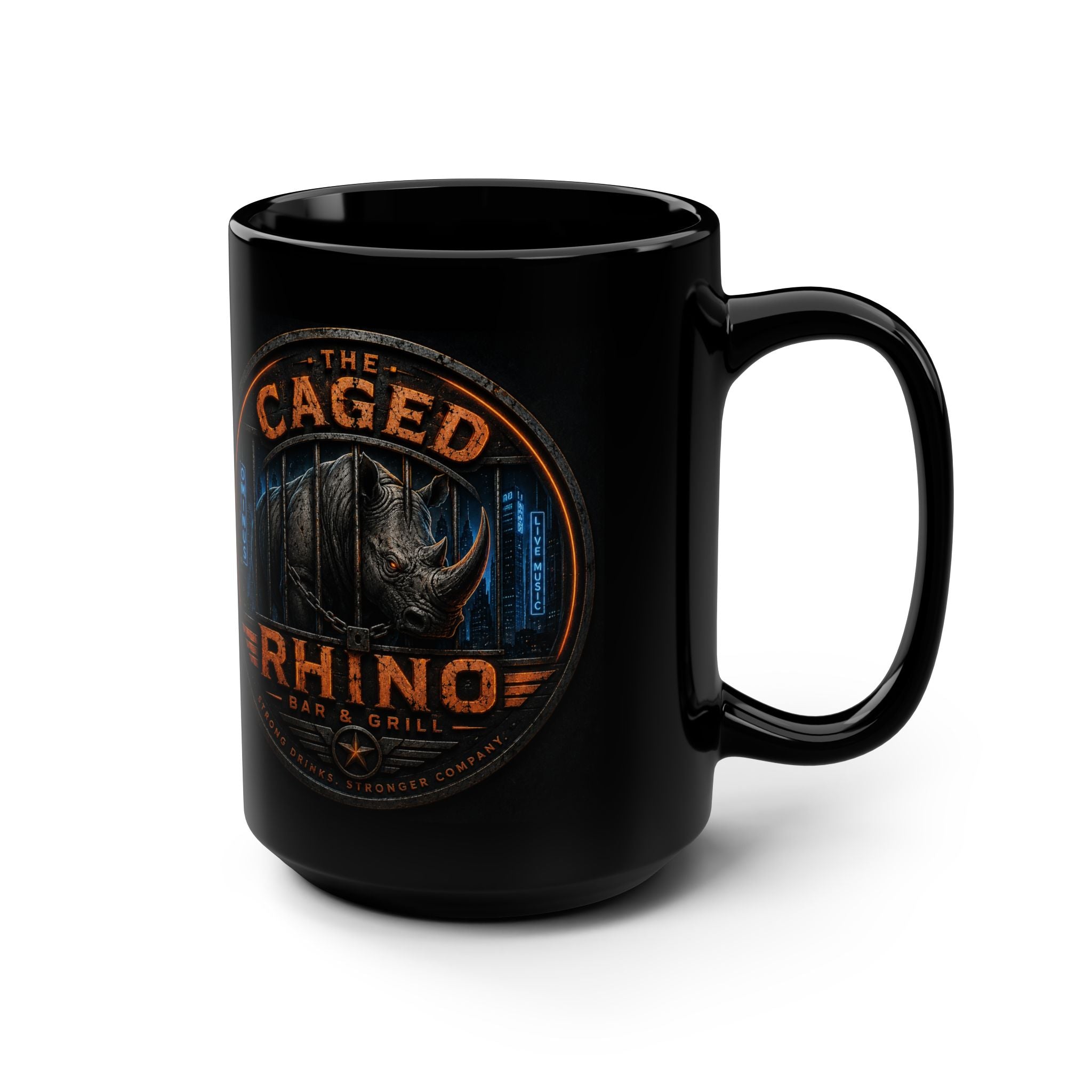 Rhino Grill Logo Mug — 15oz Black Ceramic Coffee Cup
