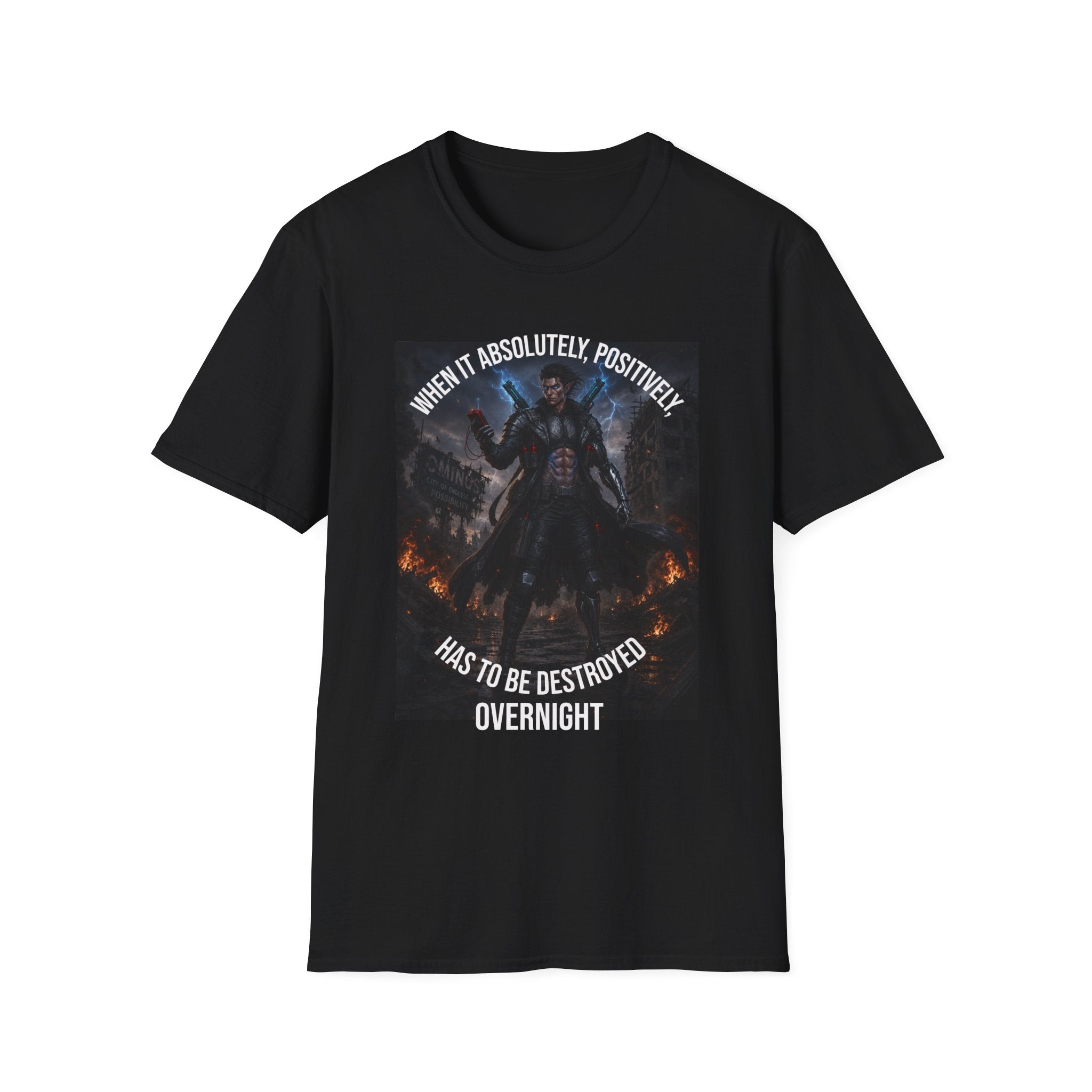 Darkwind Character T-Shirt — "When It Absolutely, Positively Has to Be Destroyed Overnight" Graphic Tee
